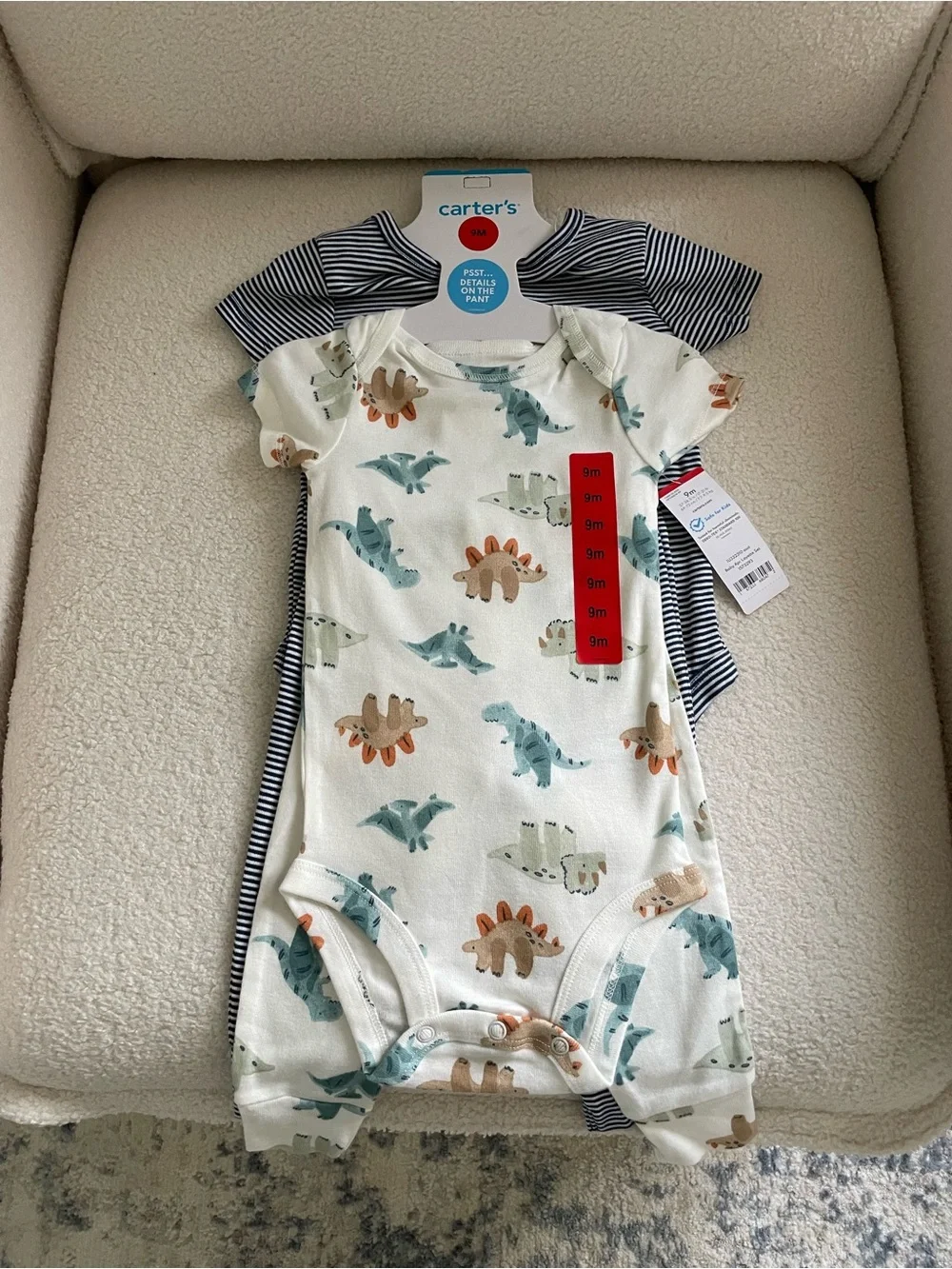 New Carter's Baby Dinosaur & Navy Stripes 4 Piece Set - Short Sleeve & Pants- 9m